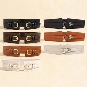 Elastic wide waist belts in multiple colors with gold square and silver round buckles