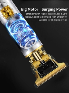 Close-up of electric hair clipper with gold relief and powerful internal motor structure