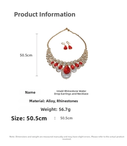 Detailed size specifications for the luxury red rhinestone teardrop jewelry set