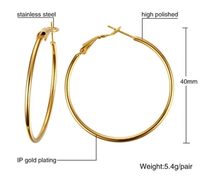 Macro detail of 40mm gold stainless steel hoop earrings with high polished finish