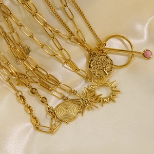 14K gold plated stainless steel layered necklace set with tree and sun disc pendants