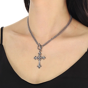 Double-layered stainless steel cross necklace with OT toggle clasp in vintage finish