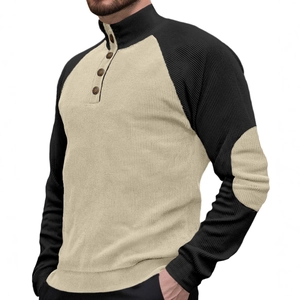 Men's khaki and black corduroy Henley shirt with elbow patches and button collar