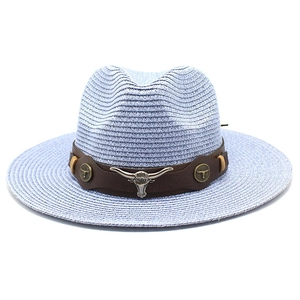 Detail of blue straw hat with dark brown belt featuring a vintage silver longhorn bull head
