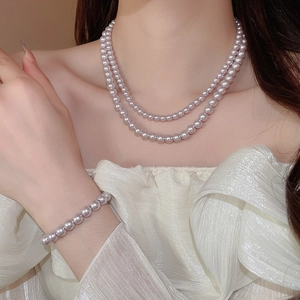 Close-up of elegant double-layer pearl necklace and matching bracelet on model neck