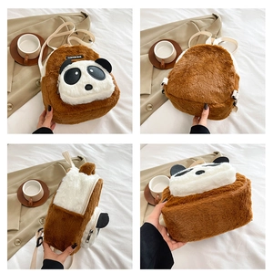 Detail view of the brown plush panda backpack showing front, back, side and bottom angles