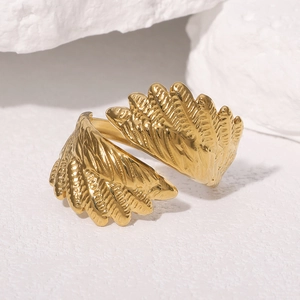 18K gold plated stainless steel open ring with adjustable feather wing design for women