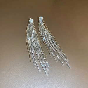 Elegant gold long tassel drop earrings with sparkling rhinestones for women's high-end fashion