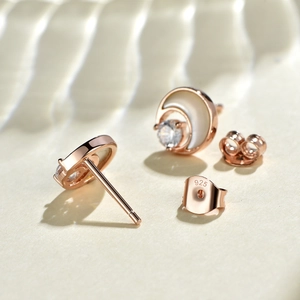 Elegant 925 sterling silver moon stud earrings with mother of pearl and zircon stones