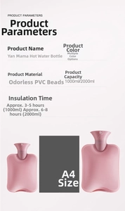 Pink PVC hot water bottle showing 1000ml and 2000ml sizes with anti-slip texture