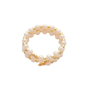 Elegant double-layered pearl bracelet with gold metal spiral and crystal rhinestones
