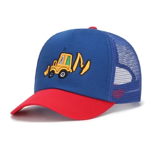 Detail of kids baseball cap featuring red visor and yellow excavator embroidery on blue mesh