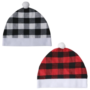 Bonnet de Noël classique à carreaux rouges et noirs avec pompon et large bord blanc