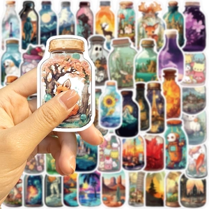 50pcs cartoon glass bottle stickers showing animals and landscapes for guitar and laptop