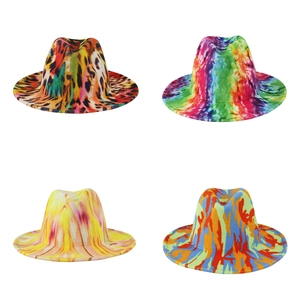 Collage of wool fedora hats featuring leopard print and colorful tie-dye patterns