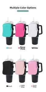 Detail view of colorful neoprene pouches with elastic bands for 40oz tumblers