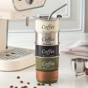 Stacked stainless steel camping coffee mugs with lids and straw in various matte colors