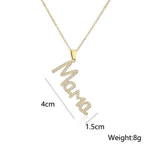 Detailed size view of the gold Mama necklace with 4cm by 1.5cm cubic zirconia pendant