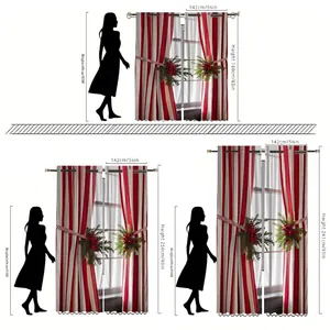 Size chart for red and white striped velvet Christmas curtains with height reference guide