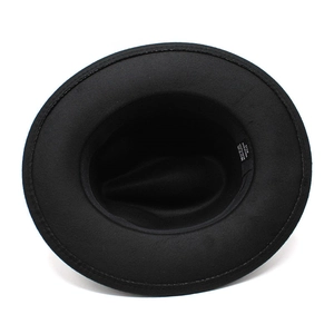Interior view of black wool fedora showing 57cm size label and polyester lining detail