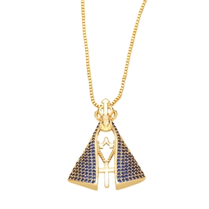 Religious necklace with gold Virgin Mary pendant featuring blue rhinestones and box chain