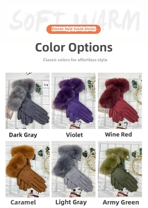 Winter faux suede warm gloves for women featuring plush fur cuffs in six assorted colors