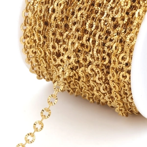 Golden stainless steel sunflower chain roll for DIY jewelry making with textured links