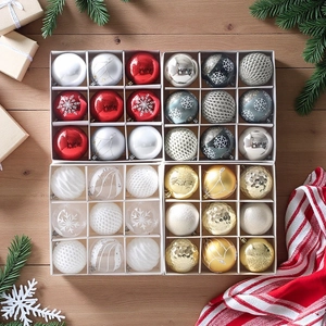 Assorted 48pcs colorful Christmas ornaments in gift boxes with various textures and designs