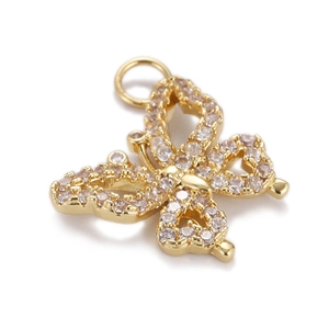 Elegant gold butterfly pendant featuring pavé white cubic zirconia on a white background
