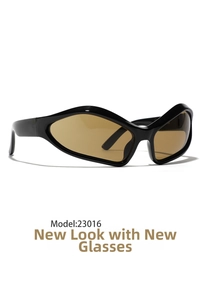 Close-up of black Y2K futuristic sunglasses with tan lenses and sleek acetate frame