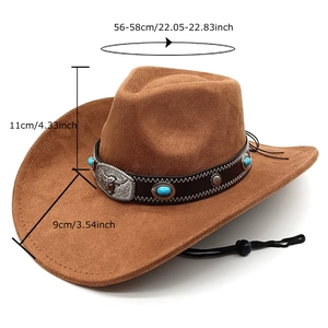 Brown western cowboy hat with metal bull head emblem and turquoise stones on a white background