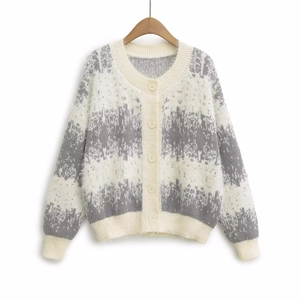 Loose knit buttoned cardigan sweater in cream with grey abstract pattern prints