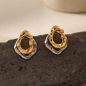 Irregular Geometric Stud Earrings With Silver Earring Post Two Tone Gold Silver Lava Texture Molten Metal Niche For Women