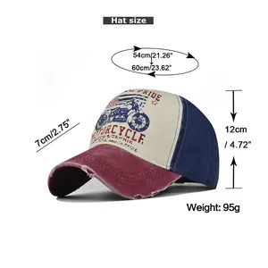 Detailed size chart for vintage cotton baseball cap with motorcycle print design