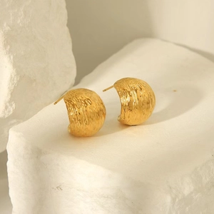 French Vintage Wrinkle Texture C Shaped Hoop Earrings For Women Stainless Steel With Silver Earring Post 18K Gold Plated