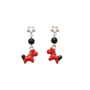 Silver star earrings with red enamel horse charms and black polished beads on white background