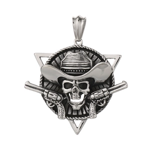 Punk rocker pirate skull pendant with revolvers and hexagram in silver stainless steel