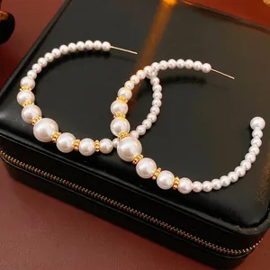 Faux Artificial Pearl Hoop Earrings With Silver Earring Post Gradient Beaded Vintage French Chic Fashion Jewelry For Women