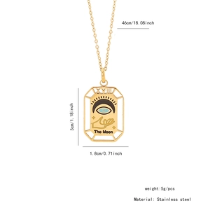 Detail of golden tarot moon pendant necklace with dimensions and stainless steel material info