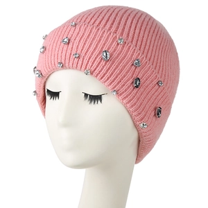Pink knit beanie for women with elegant rhinestones and black gem embellishments