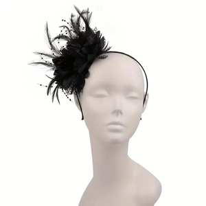 Macro shot of elegant black feather and lace fascinator headband on a white model mannequin