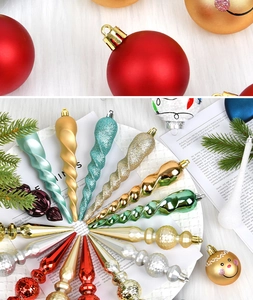 Detail of assorted Christmas tree ornaments in various colors and textured finishes