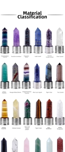 Macro view of various natural crystal hexagonal prisms in metal bases for water bottles