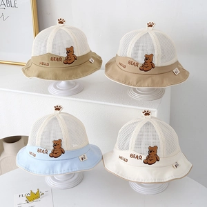 Breathable baby sun hats with mesh top and cute bear embroidery in four pastel colors