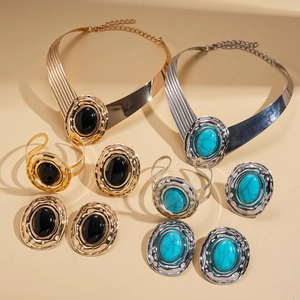 Retro geometric jewelry sets with oval acrylic stones and metallic cuff bracelets