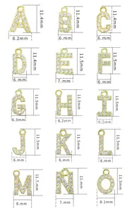 Size chart for stainless steel initial pendants with dimensions from A to O in gold and zircon