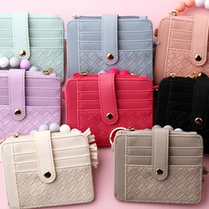 Silicone beaded card holder wallets with woven faux leather texture in eight diverse colors