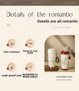 Detail of insulated coffee mugs with floral prints and braided coffee carry straps