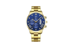 Detail of Geneva men's watch with blue dial, gold steel band and three sub-dials