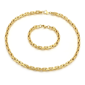 Minimalist gold stainless steel necklace and bracelet set with rectangular links